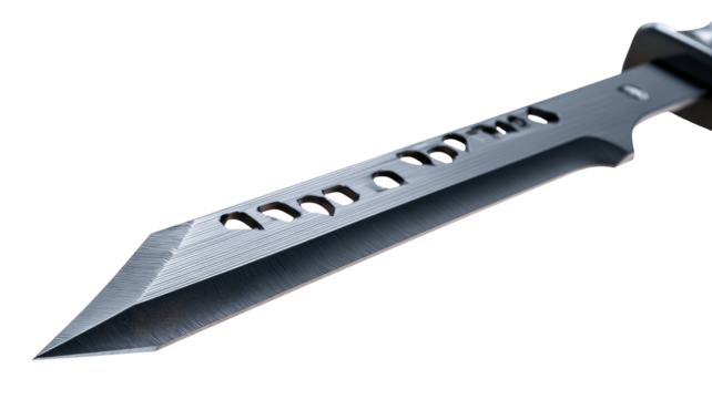 Close-up of a long, bladed knife with a dark gray/black finish and numerous small holes along the blade