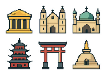 Landmarks pixel art icon set. featuring parthenon, church, mosque, pagoda, torii gate, stupa..