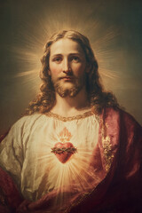 Sacred Heart of Jesus Christ Devotion with divine light and heart glowing. Divine mercy	
