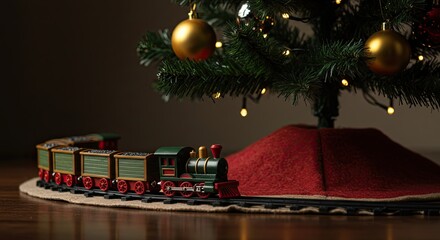 Festive Green Toy Train Under Sparkling Christmas Tree with Red Skirt