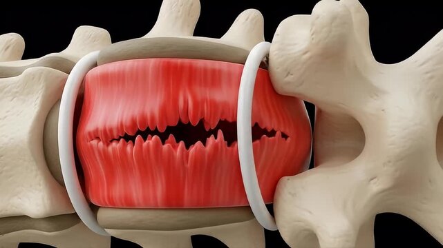 Anatomical Illustration of Spine Bone with Damaged Disk in Red on Black Background Depicting Injury Pain and Vertebral Issues and Medical Condition