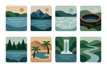 Nature flat icon set. featuring mountain, river, lake, forest, desert, waterfall, trail, and island symbols.