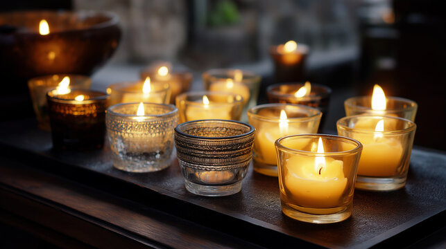 Candle holders glow softly, the sacred scene illuminated by soft light. Candle holders, glow, with copy space