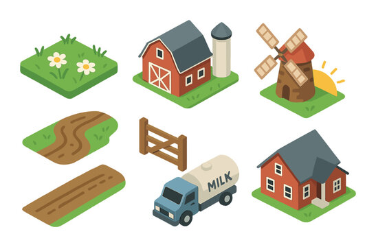 Farm life isometric icon set. featuring farmhouse, windmill, barn, milk truck, field path, fence, flower garden.