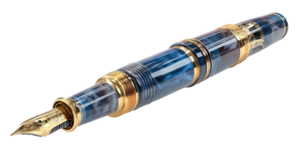 Close-up of a luxury fountain pen.  A striking blue and dark, marbled design is featured on the pen's barrel.  Gold accents highlight the pen's details, including the nib.