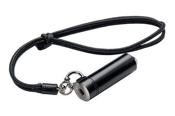 Black cylindrical device with leather lanyard