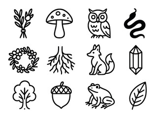 Nature and wildlife linear icon set. featuring owl, snake, fox, mushroom, tree, and crystal symbols.