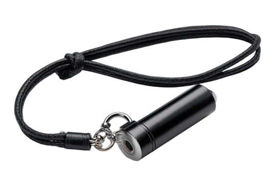 Black cylindrical device with leather lanyard
