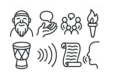 African culture linear icon set. featuring elder, storytelling, community, torch, drum, soundwaves, scroll, speech symbols.
