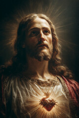 Sacred Heart of Jesus Christ Devotion with divine light and heart glowing. Divine mercy	
