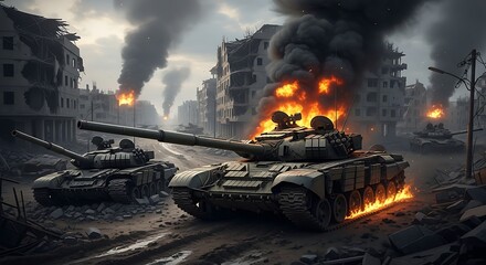 War-torn city with burning tanks.