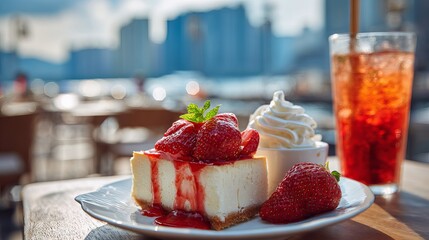 Indulge in a decadent strawberry cheesecake slice with creamy whipped topping and refreshing iced tea on a sunny patio overlooking a cityscape