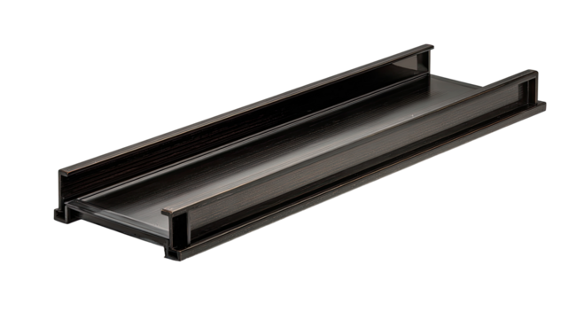 Dark-bronze trough-shaped gutter section, angled, with plastic framing
