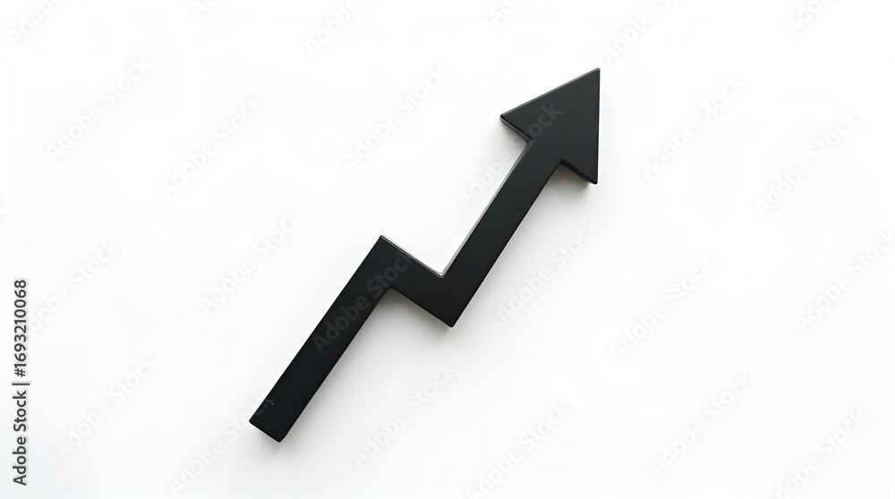 Poster bold black zigzag arrow pointing upwards and to the right, isolated on a pristine white background. 