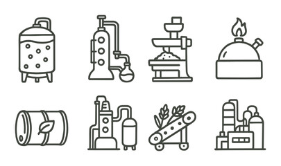 Industrial equipment linear icon set. featuring distillation, milling, boiler, barrel, conveyor, factory.