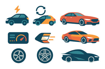 Naklejka premium Automotive technology flat icon set. featuring electric, hybrid, sedan, dashboard, speed, and wheel symbols.
