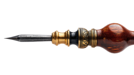 Close-up of a decorative writing instrument.  The pointed tip of a dark gray metal nib is visible, extending from a brass and dark-toned metal ferrule.