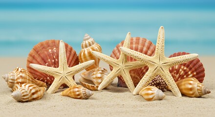 Seashells and Starfish on Sandy Beach with Ocean Background.