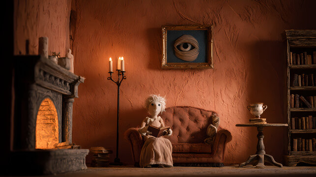 A senior puppet reads by the warm fireplace in a quiet, mysterious room, observed by a surreal eye art