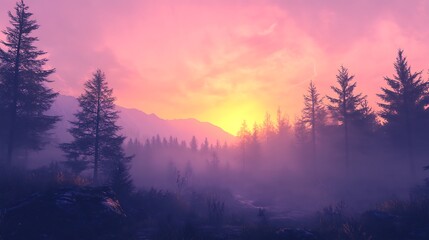 Fototapeta premium Scenic misty mountain ridges at sunrise with forest silhouettes picture
