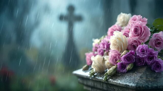 Rain falling on a gravestone with fresh flowers, symbolizing tears of mourning and remembrance ai
