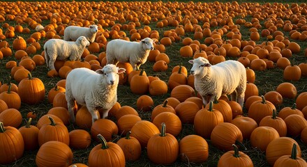 Obraz premium Sheep Grazing in a Pumpkin Patch.