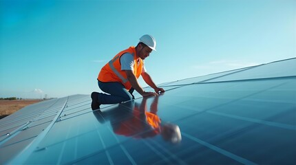 Skilled solar panel technician in hard hat and safety vest inspecting a large solar farm with reflections under a clear blue sky.