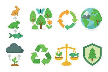 Environmental conservation flat icon set. featuring recycling, ecosystem, globe, balance, and sustainability symbols..
