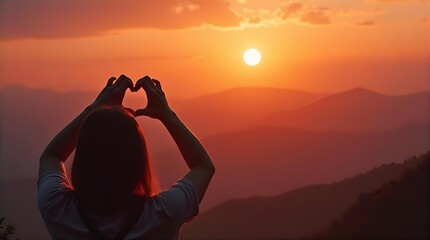 Woman forming heart hands silhouette at a stunning mountain sunset vista Golden hour landscape with warm orange sky inspiring nature love and travel