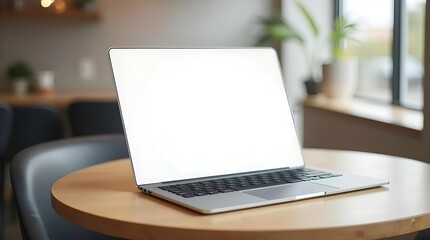 Sleek silver laptop with a bright white screen on a stylish round wooden desk, ideal for a modern home office or productive remote workspace.