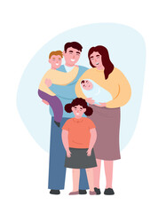 
A large family with children of different ages. Happy father, mother, son, and daughter. Vector flat graphics.