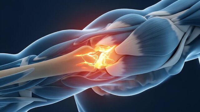 Detailed 3D Illustration of Torn Muscle Tissue with Blue and White Fibers and Internal Damage on Dark Blue Background