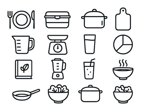 Cooking tools linear icon set. featuring plate, lunchbox, pot, cutting board, measuring cup, and scale symbols.