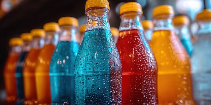 Refreshing colorful soda bottles, a perfect summer drink to quench thirst.