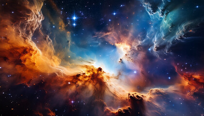 Fototapeta premium Stunning Cosmic Nebula With Vibrant Colors And Dense Gas Clouds Illuminated By Distant Stars In Outer Space
