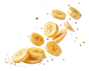 Floating Slices of Dried Banana on Transparent Background Representing Healthy Snack Options