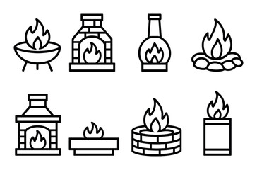 Fireplaces and campfires linear icon set. featuring grill, fireplace, lantern, bonfire, heater, and candle symbols.