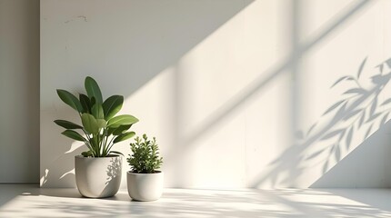 Minimalist Interior with Potted Plants: Sunlight & Shadows on White Wall, Modern Home Decor, Indoor Greenery, Calming Aesthetic, Stock Photo