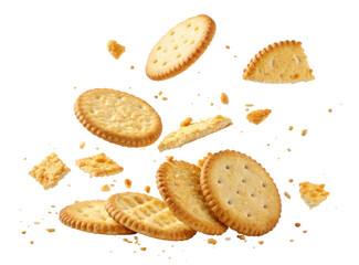 Assorted Cookies and Biscuits Flying in Mid-Air with Crumbs on Transparent Background