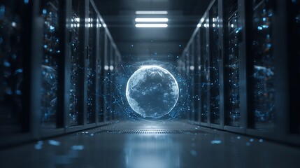 Futuristic digital globe suspended amidst glowing server racks, symbolizing global data connectivity and advanced technology.
