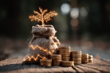 Nature's fortune: investing in a greener financial future. Data analysis. Prosperous morning: coins and money tree under golden sunlight. Market forecast. Budget planning.
