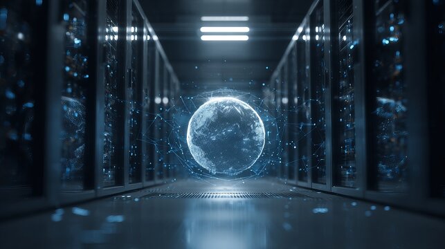 Futuristic digital globe suspended amidst glowing server racks, symbolizing global data connectivity and advanced technology. - Powered by Adobe