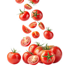 Fresh Red Tomatoes Falling and Arranged on Transparent Background for Culinary Use
