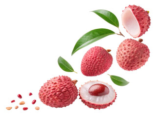 Fresh Lychee Fruit With Green Leaves Isolated On Transparent Background