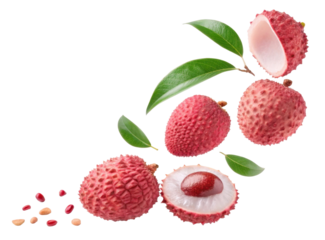 Fresh Lychee Fruit With Green Leaves Isolated On Transparent Background