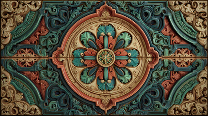 Intricate ornate floral and geometric carved pattern in traditional style, rich decorative artwork