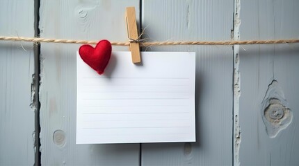 Romantic Valentine's Day Note: Red Heart Clothespin on Rustic Wood Background. Blank Card for Love Message. Valentine's Day Card Template.