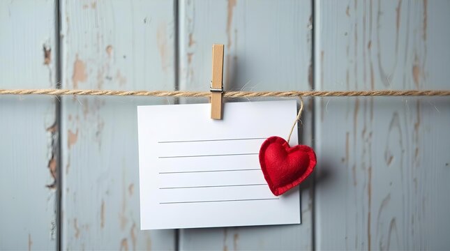 Valentine's Day Note Card with Red Heart Clothespin on Rustic Wood Background - Love Message, Romantic Gift, Holiday Greeting Card - Powered by Adobe
