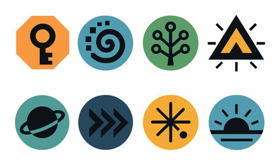 Technology silhouette icon set. featuring key, spiral, network, triangle, planet, arrows, starburst, sunset.