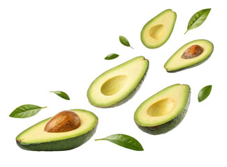 Slices of Fresh Avocado with Leaves on a Transparent Background Perfect for Culinary and Nutrition Ideas